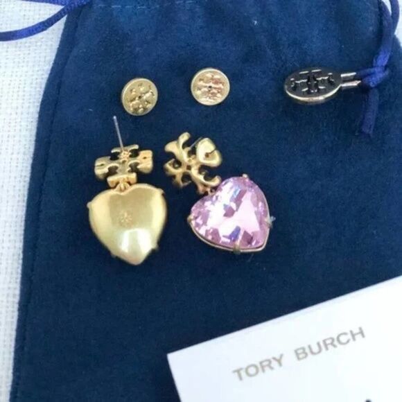 New Tory Burch Roxanne Gold,Pink Crystal Heart Earirng - Picture 2 of 9